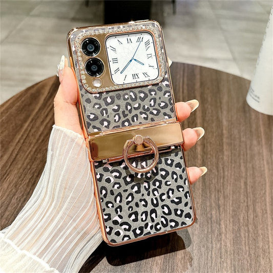 For Huawei nova Flip 5G Case Leopard Pattern Ring Holder Rhinestone Hard PC Phone Cover - Black