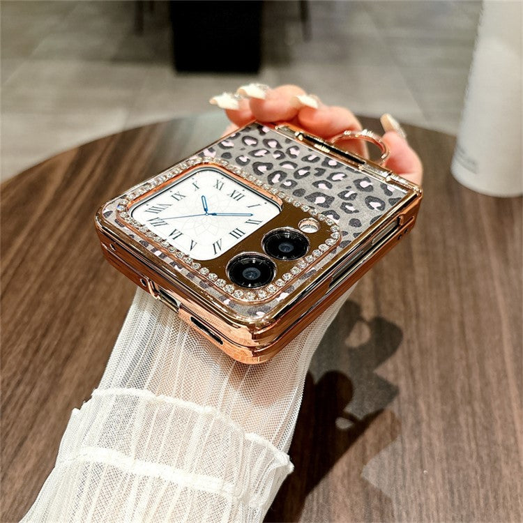 For Huawei nova Flip 5G Case Leopard Pattern Ring Holder Rhinestone Hard PC Phone Cover - Black