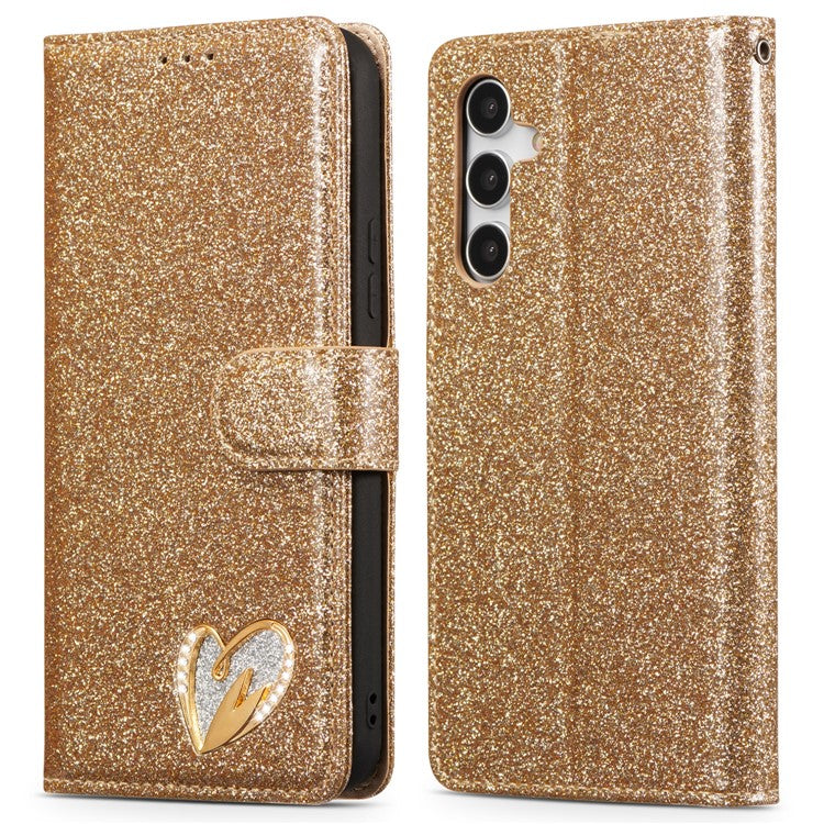 For Samsung Galaxy A54 5G Glitter Leather Case with Diamond Love Heart Wallet Stand Flip Cover - Gold