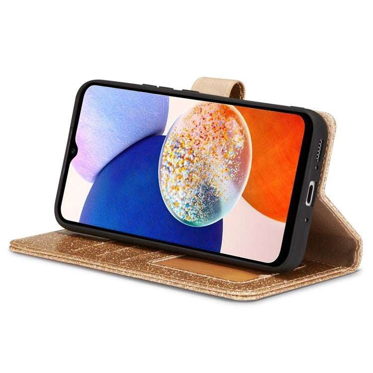 For Samsung Galaxy A54 5G Glitter Leather Case with Diamond Love Heart Wallet Stand Flip Cover - Gold