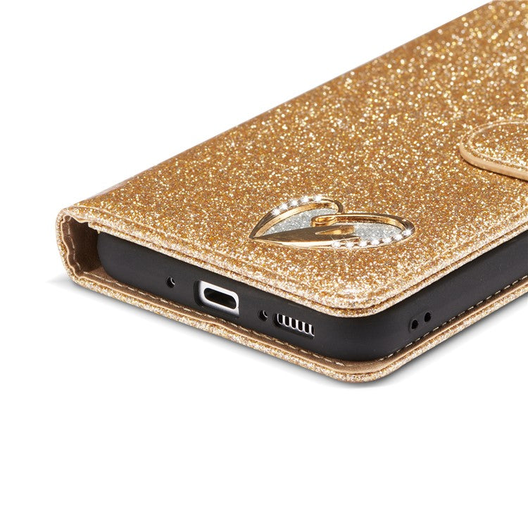 For Samsung Galaxy A54 5G Glitter Leather Case with Diamond Love Heart Wallet Stand Flip Cover - Gold