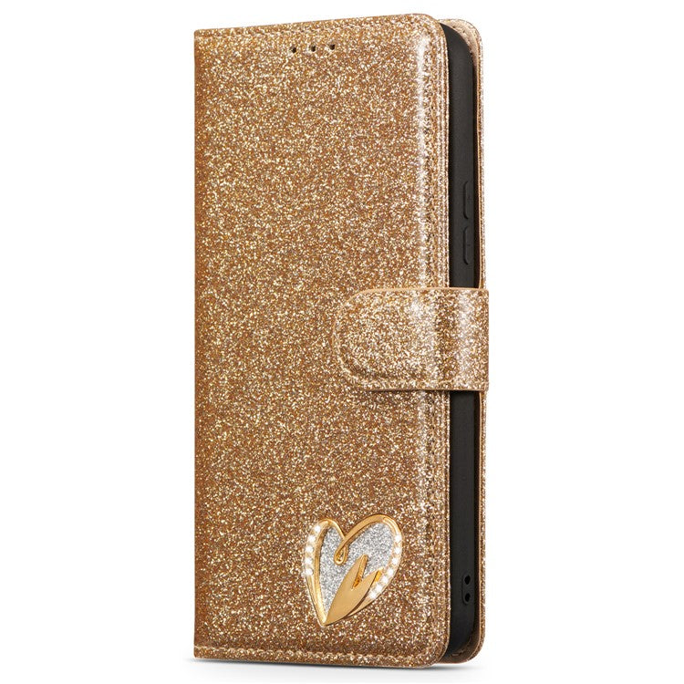 For Samsung Galaxy A54 5G Glitter Leather Case with Diamond Love Heart Wallet Stand Flip Cover - Gold