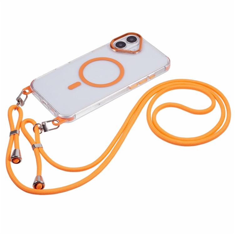 For iPhone 16 Plus Clear Case Compatible with MagSafe Shockproof PC+TPU Phone Cover with Long Lanyard - Orange