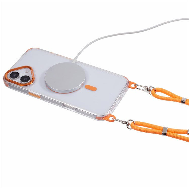 For iPhone 16 Plus Clear Case Compatible with MagSafe Shockproof PC+TPU Phone Cover with Long Lanyard - Orange