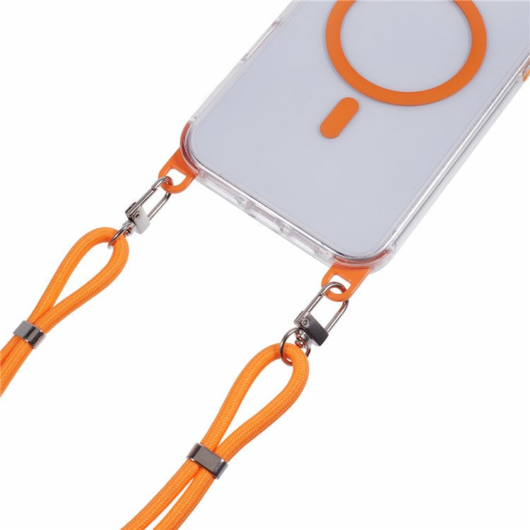 For iPhone 16 Plus Clear Case Compatible with MagSafe Shockproof PC+TPU Phone Cover with Long Lanyard - Orange