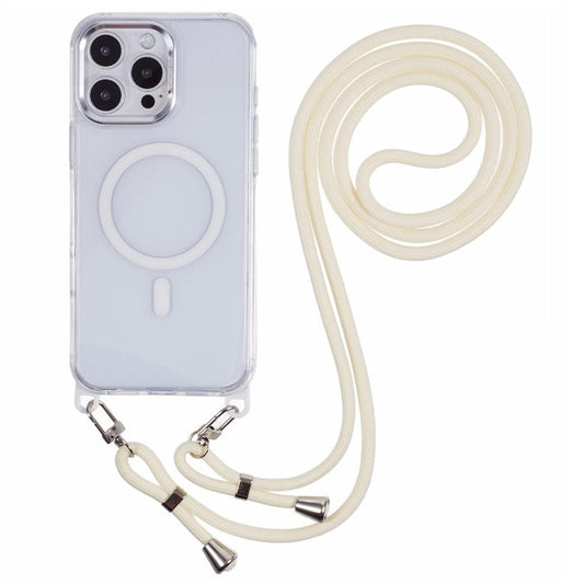 For iPhone 16 Pro Clear Case Compatible with MagSafe Shockproof PC+TPU Phone Cover with Long Lanyard - White