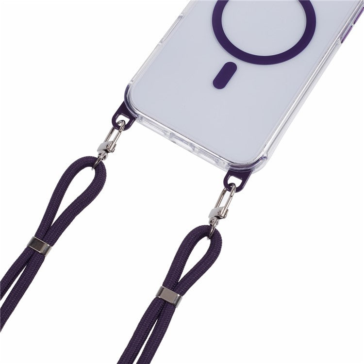 For iPhone 16 Clear Case Compatible with MagSafe Shockproof PC+TPU Phone Cover with Long Lanyard - Purple