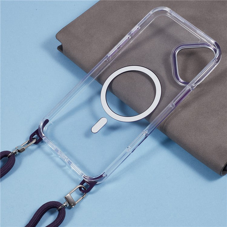 For iPhone 16 Clear Case Compatible with MagSafe Shockproof PC+TPU Phone Cover with Long Lanyard - Purple