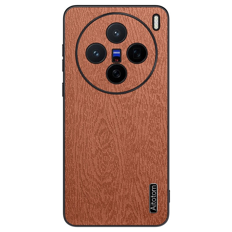 For vivo X200 5G Case Wood Texture PU Leather Coated PC+TPU Phone Cover - Brown