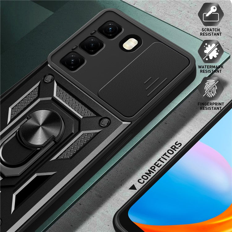 For Infinix Hot 50 4G Case with Slide Camera Lid PC+TPU Kickstand Phone Cover - Black