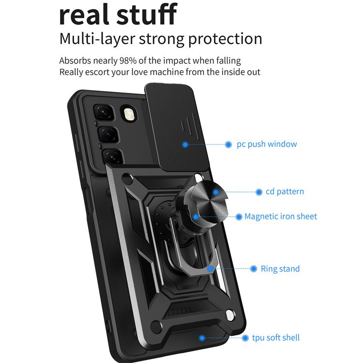 For Infinix Hot 50 4G Case with Slide Camera Lid PC+TPU Kickstand Phone Cover - Black