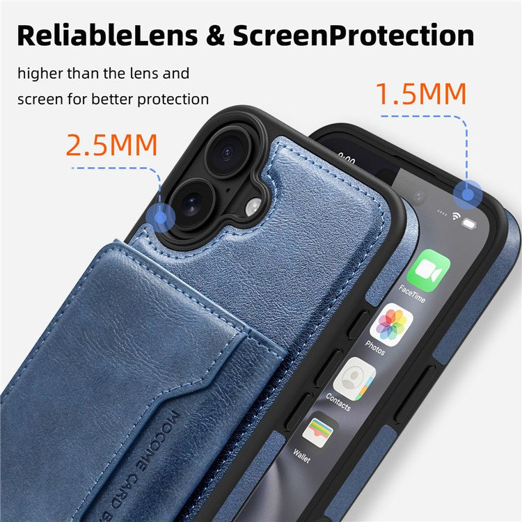 For iPhone 16 Magnetic Case Leather Back Phone Cover with Detachable Card Bag - Sapphire