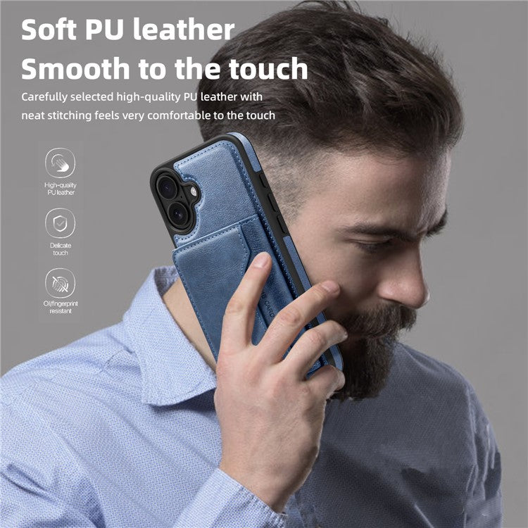 For iPhone 16 Magnetic Case Leather Back Phone Cover with Detachable Card Bag - Sapphire
