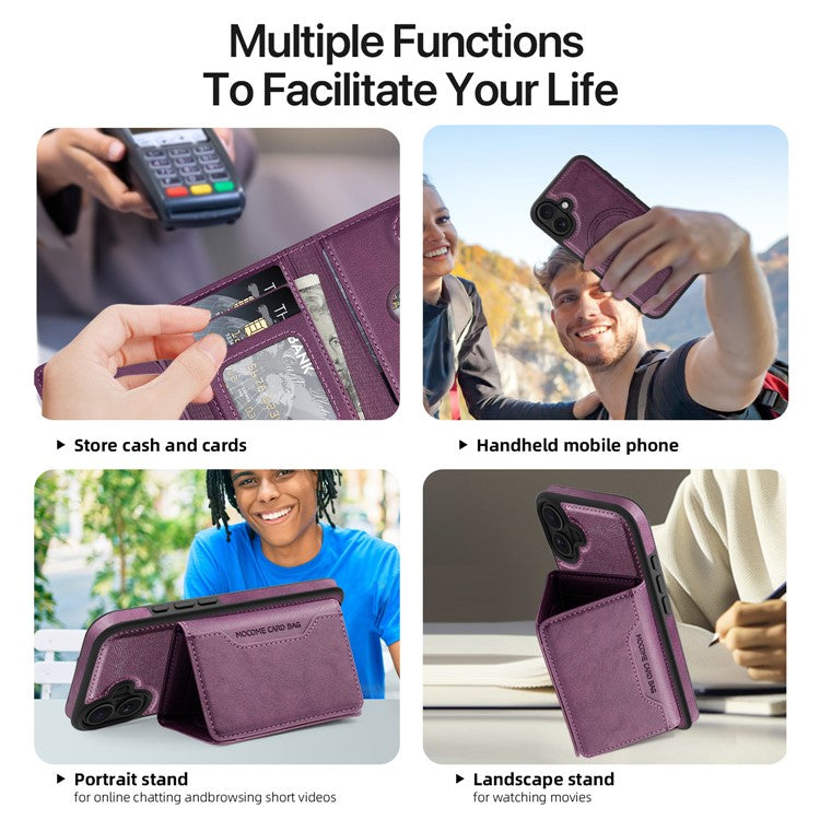 For iPhone 16 Magnetic Case Leather Back Phone Cover with Detachable Card Bag - Dark Purple