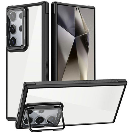 For Samsung Galaxy S24 Ultra Phone Case with Lens Cover Kickstand PC+TPU Clear Back Cover - Black