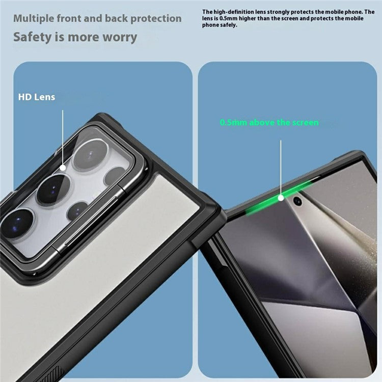 For Samsung Galaxy S24 Ultra Phone Case with Lens Cover Kickstand PC+TPU Clear Back Cover - Black