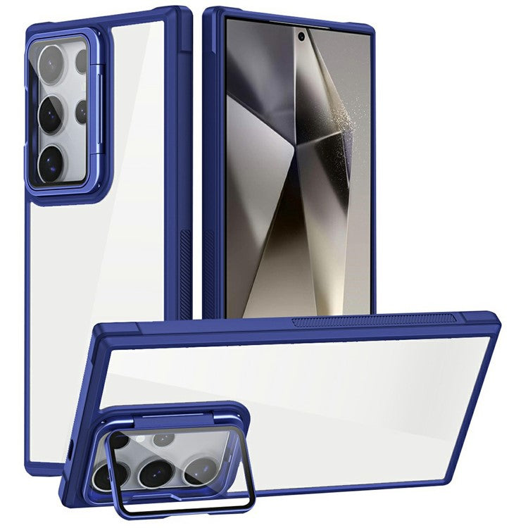 For Samsung Galaxy S24 Ultra Phone Case with Lens Cover Kickstand PC+TPU Clear Back Cover - Blue