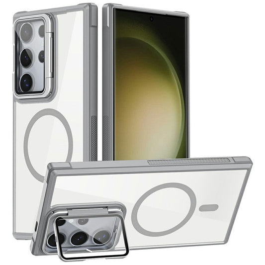 For Samsung Galaxy S23 Ultra Clear Phone Case Compatible with MagSafe Back Cover with Lens Cover Kickstand - Grey