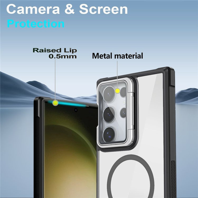 For Samsung Galaxy S23 Ultra Clear Phone Case Compatible with MagSafe Back Cover with Lens Cover Kickstand - Wine Red