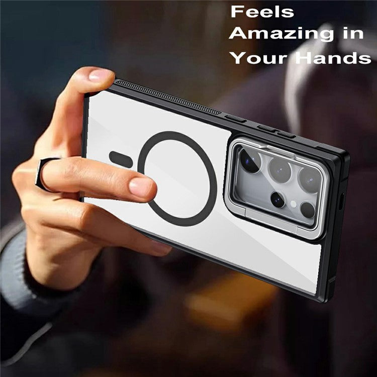 For Samsung Galaxy S23 Ultra Clear Phone Case Compatible with MagSafe Back Cover with Lens Cover Kickstand - Wine Red