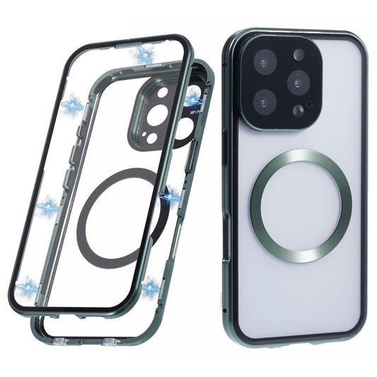 For iPhone 16 Pro Case Double Sides Tempered Glass Phone Cover Compatible with MagSafe Full Protector - Green