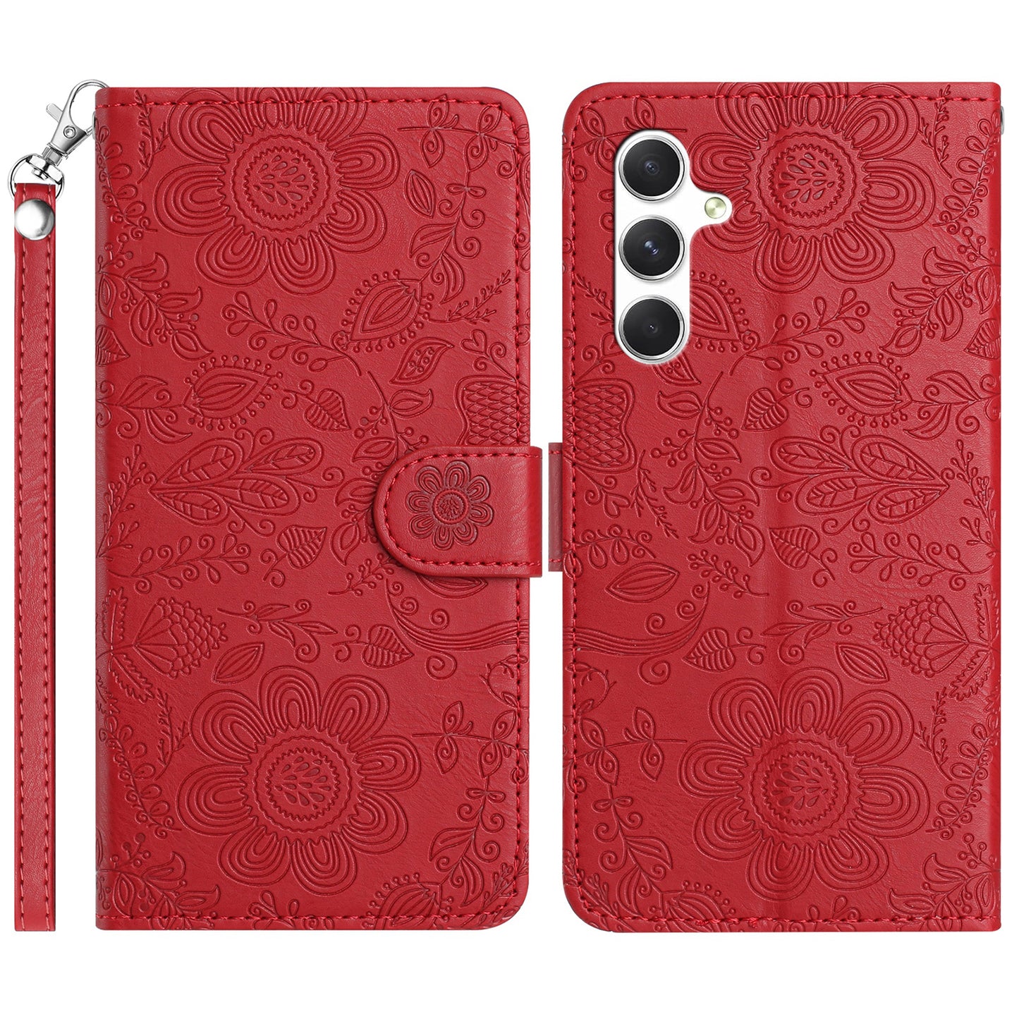 For Samsung Galaxy A16 5G / 4G Case Flower Imprint Leather Flip Wallet Phone Cover with Wrist Strap - Red