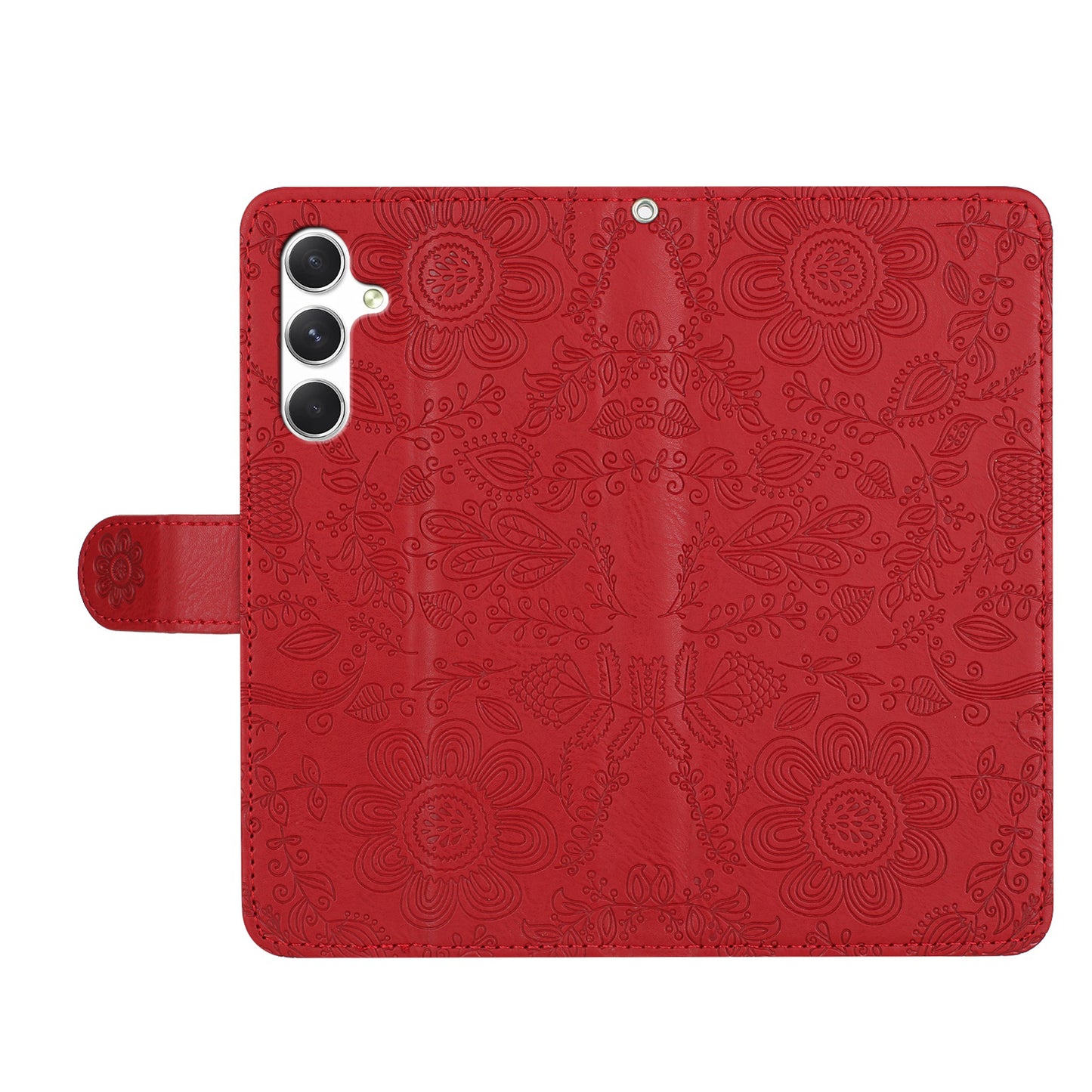 For Samsung Galaxy A16 5G / 4G Case Flower Imprint Leather Flip Wallet Phone Cover with Wrist Strap - Red