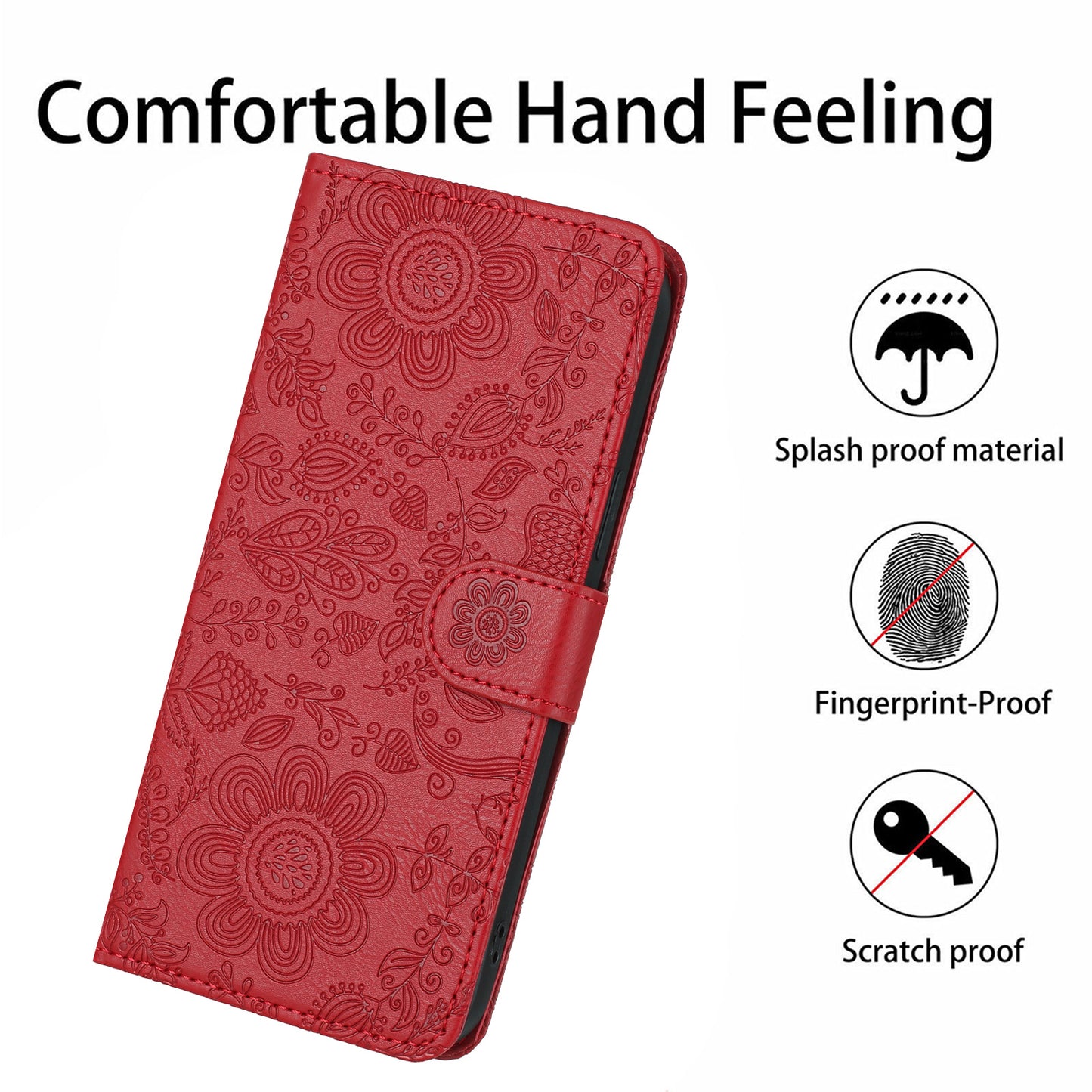 For Samsung Galaxy A16 5G / 4G Case Flower Imprint Leather Flip Wallet Phone Cover with Wrist Strap - Red