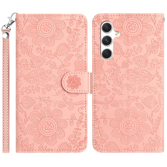 For Samsung Galaxy A16 5G / 4G Case Flower Imprint Leather Flip Wallet Phone Cover with Wrist Strap - Pink