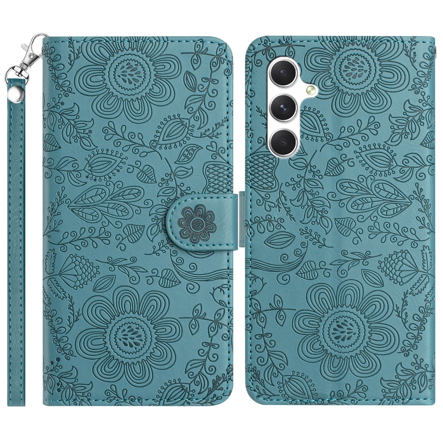 For Samsung Galaxy A16 5G / 4G Case Flower Imprint Leather Flip Wallet Phone Cover with Wrist Strap - Blackish Green