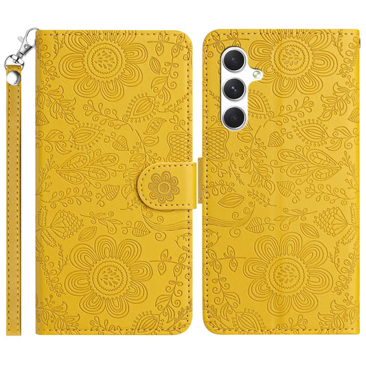For Samsung Galaxy A16 5G / 4G Case Flower Imprint Leather Flip Wallet Phone Cover with Wrist Strap - Yellow