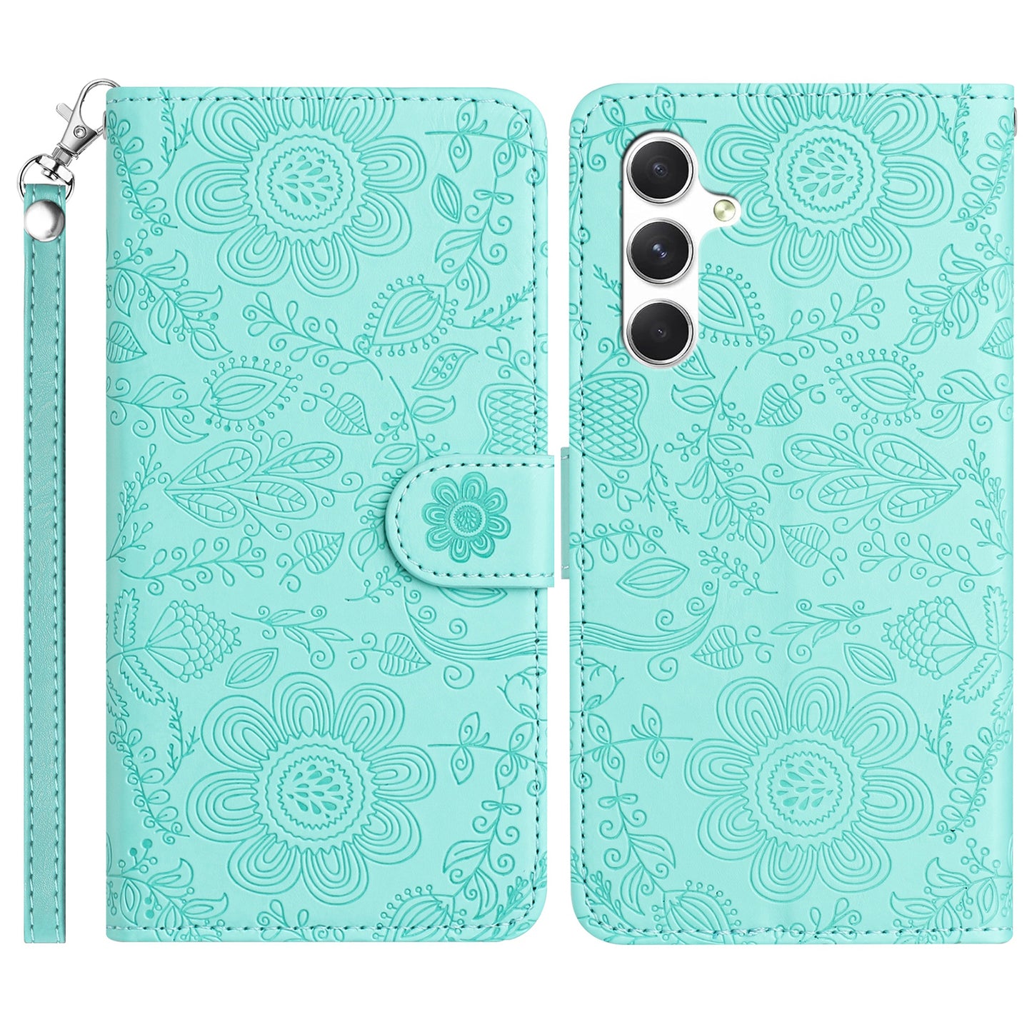 For Samsung Galaxy A16 5G / 4G Case Flower Imprint Leather Flip Wallet Phone Cover with Wrist Strap - Light Green