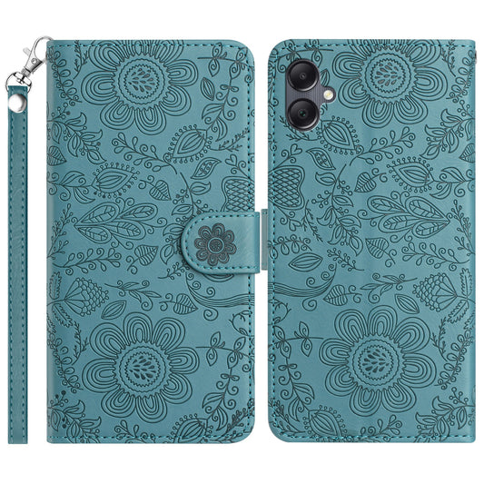 For Samsung Galaxy A06 Case Flower Imprint Leather Flip Wallet Phone Cover with Wrist Strap - Blackish Green