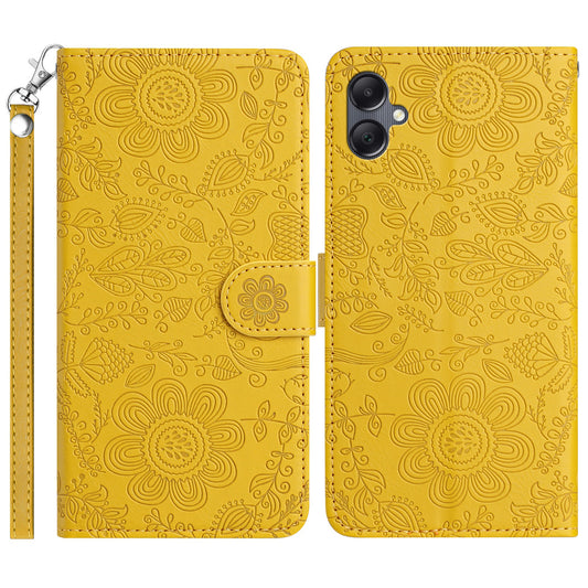 For Samsung Galaxy A06 Case Flower Imprint Leather Flip Wallet Phone Cover with Wrist Strap - Yellow