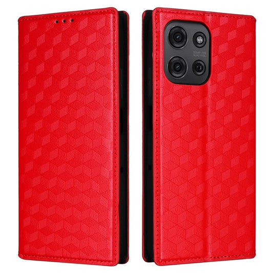 For Motorola Moto G75 5G Wallet Case Rhombus Imprinted Leather Phone Cover - Red