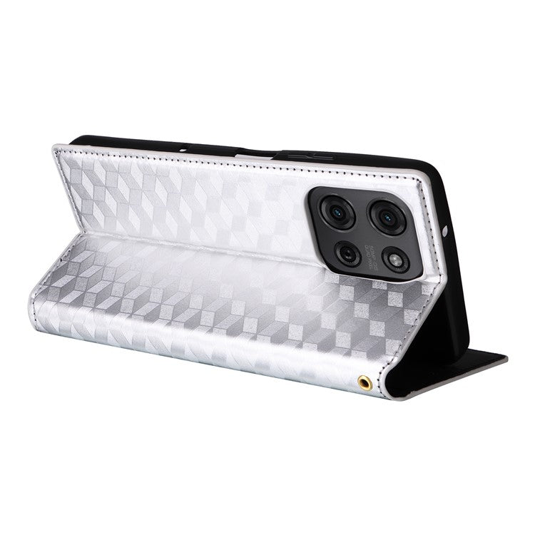 For Motorola Moto G75 5G Wallet Case Rhombus Imprinted Leather Phone Cover - Silver