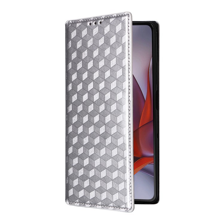 For Motorola Moto G75 5G Wallet Case Rhombus Imprinted Leather Phone Cover - Silver