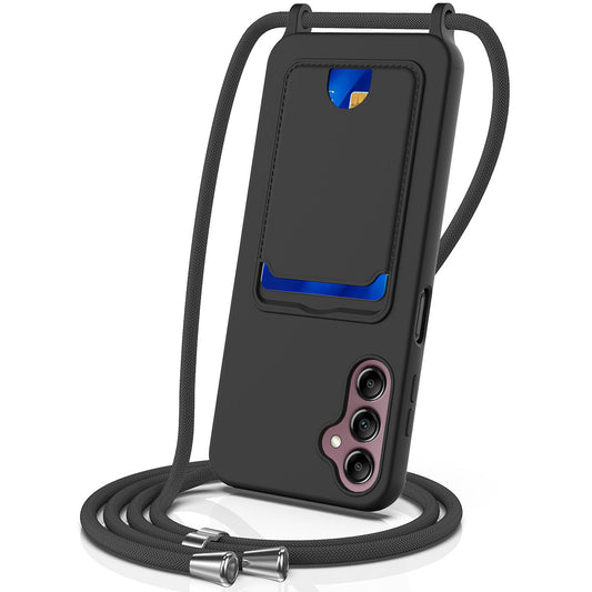 For Samsung Galaxy A16 5G / 4G Case Liquid Silicone Card Holder Phone Back Cover with Lanyard - Black