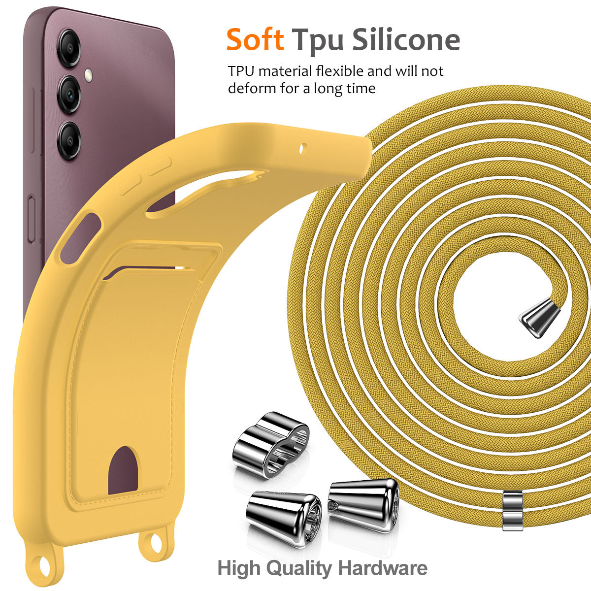 For Samsung Galaxy A16 5G / 4G Case Liquid Silicone Card Holder Phone Back Cover with Lanyard - Yellow