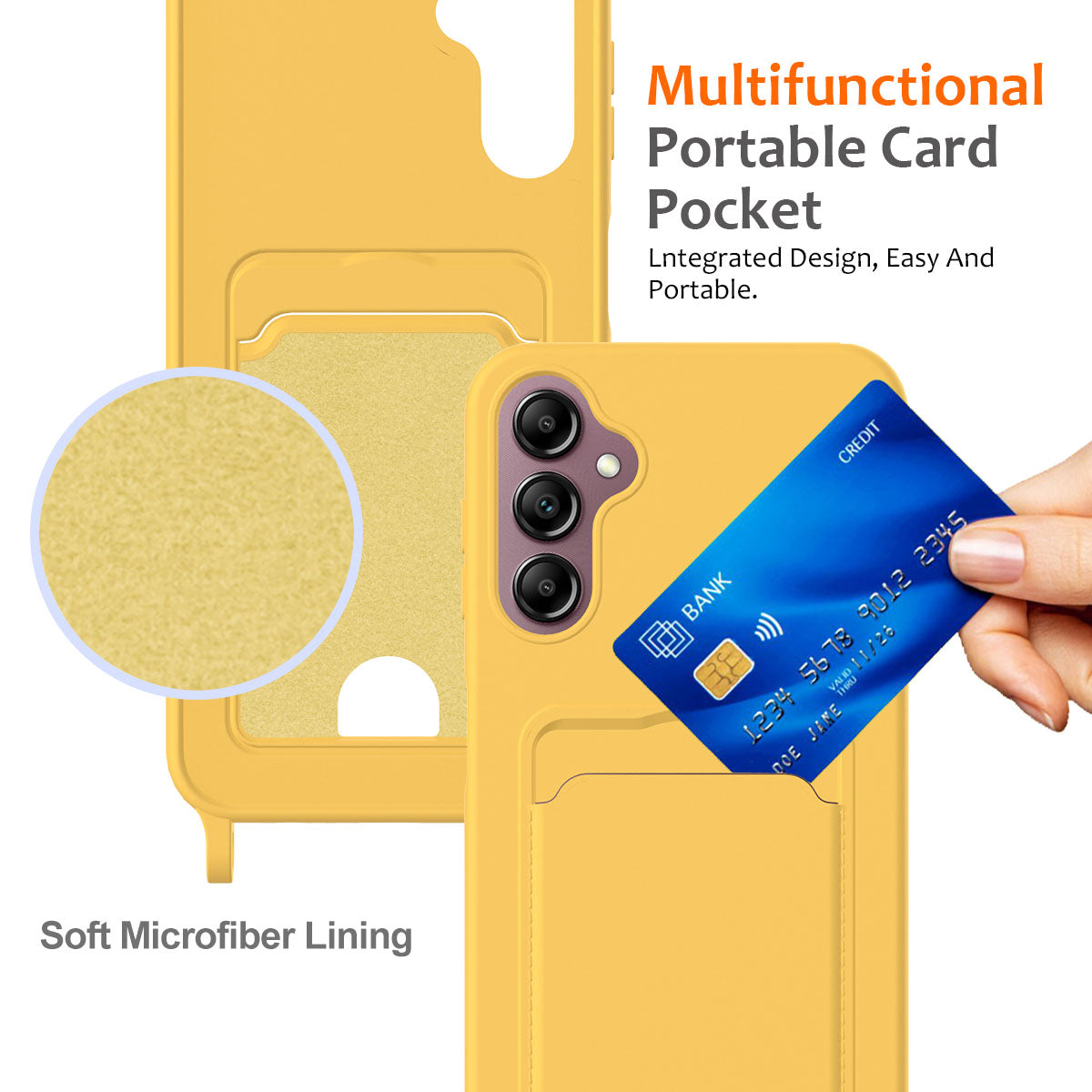 For Samsung Galaxy A16 5G / 4G Case Liquid Silicone Card Holder Phone Back Cover with Lanyard - Yellow