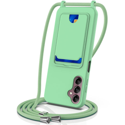 For Samsung Galaxy A16 5G / 4G Case Liquid Silicone Card Holder Phone Back Cover with Lanyard - Green