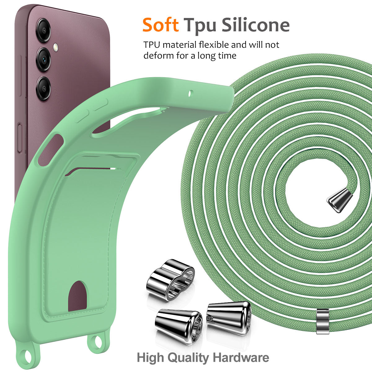 For Samsung Galaxy A16 5G / 4G Case Liquid Silicone Card Holder Phone Back Cover with Lanyard - Green