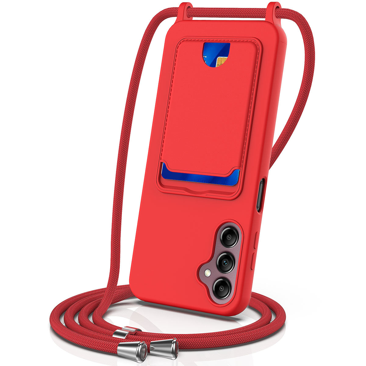 For Samsung Galaxy A16 5G / 4G Case Liquid Silicone Card Holder Phone Back Cover with Lanyard - Red