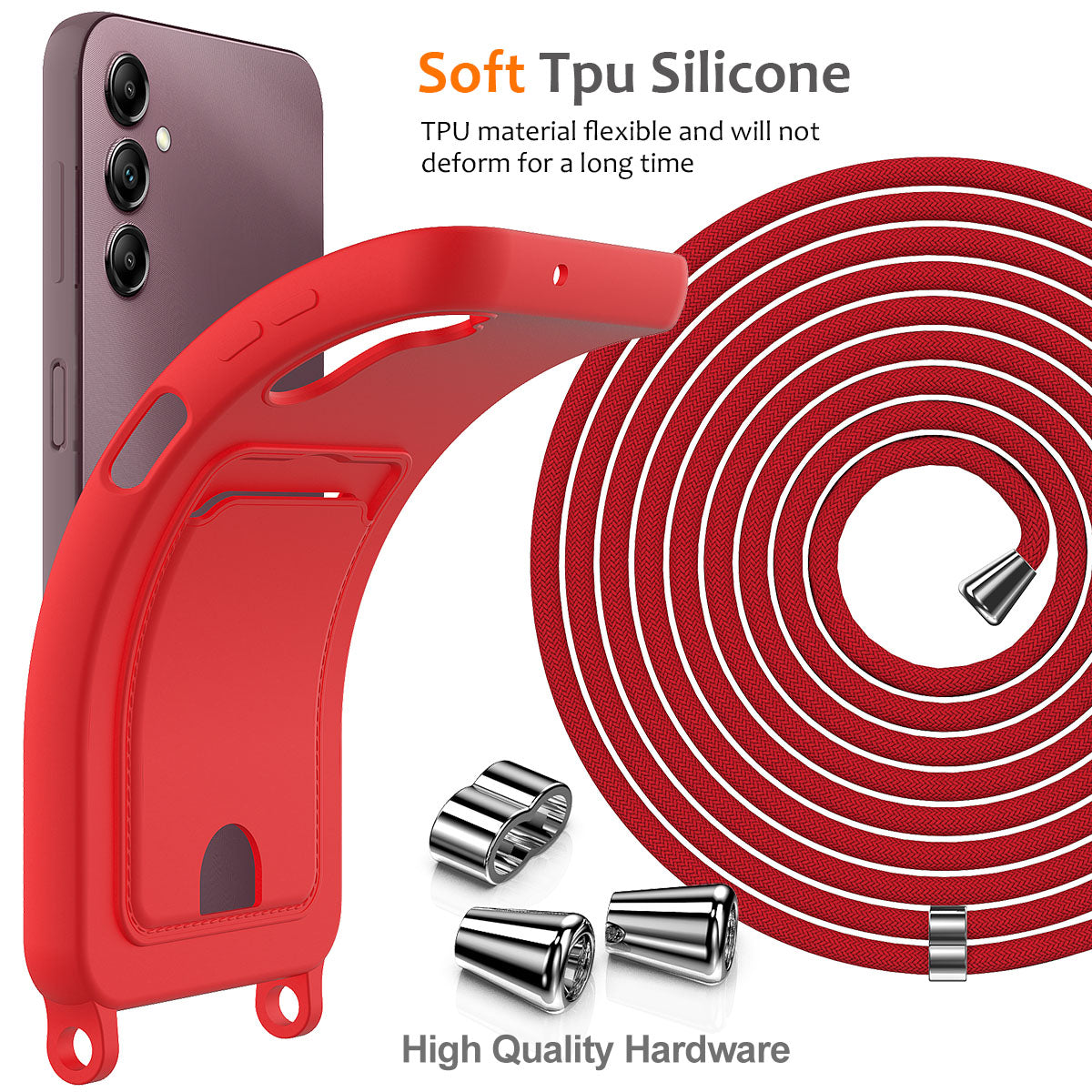 For Samsung Galaxy A16 5G / 4G Case Liquid Silicone Card Holder Phone Back Cover with Lanyard - Red