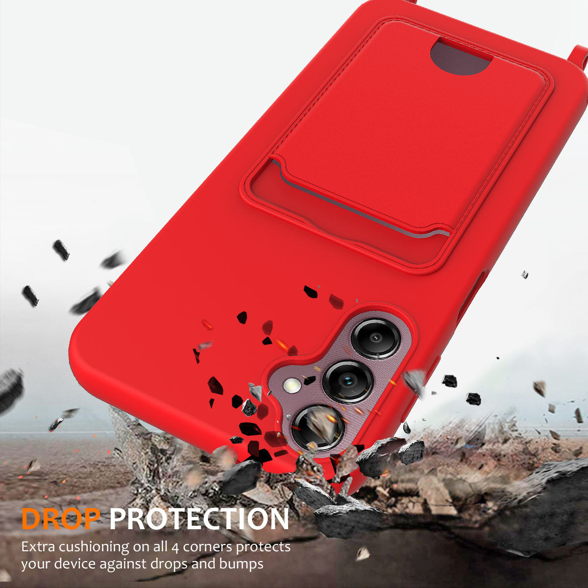 For Samsung Galaxy A16 5G / 4G Case Liquid Silicone Card Holder Phone Back Cover with Lanyard - Red