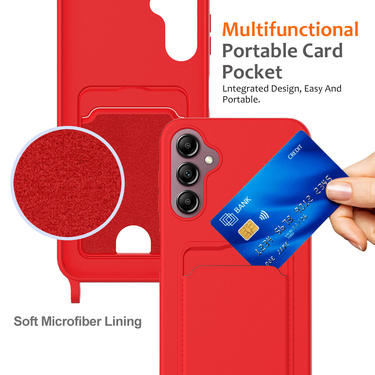 For Samsung Galaxy A16 5G / 4G Case Liquid Silicone Card Holder Phone Back Cover with Lanyard - Red