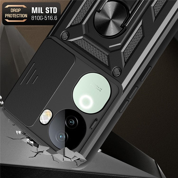 For vivo iQOO Z9s 5G Case with Slide Camera Lid PC+TPU Kickstand Phone Cover - Black