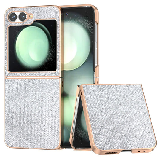 For Samsung Galaxy Z Flip7 FE 5G / Z Flip6 5G Case Rhinestone Texture PU+TPU Phone Cover Electroplating Edge - Silver