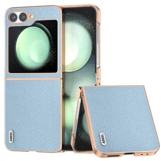ABEEL For Samsung Galaxy Z Flip7 FE 5G / Z Flip6 5G Case Genuine Cow Leather+PC+TPU Electroplating Phone Cover - Baby Blue