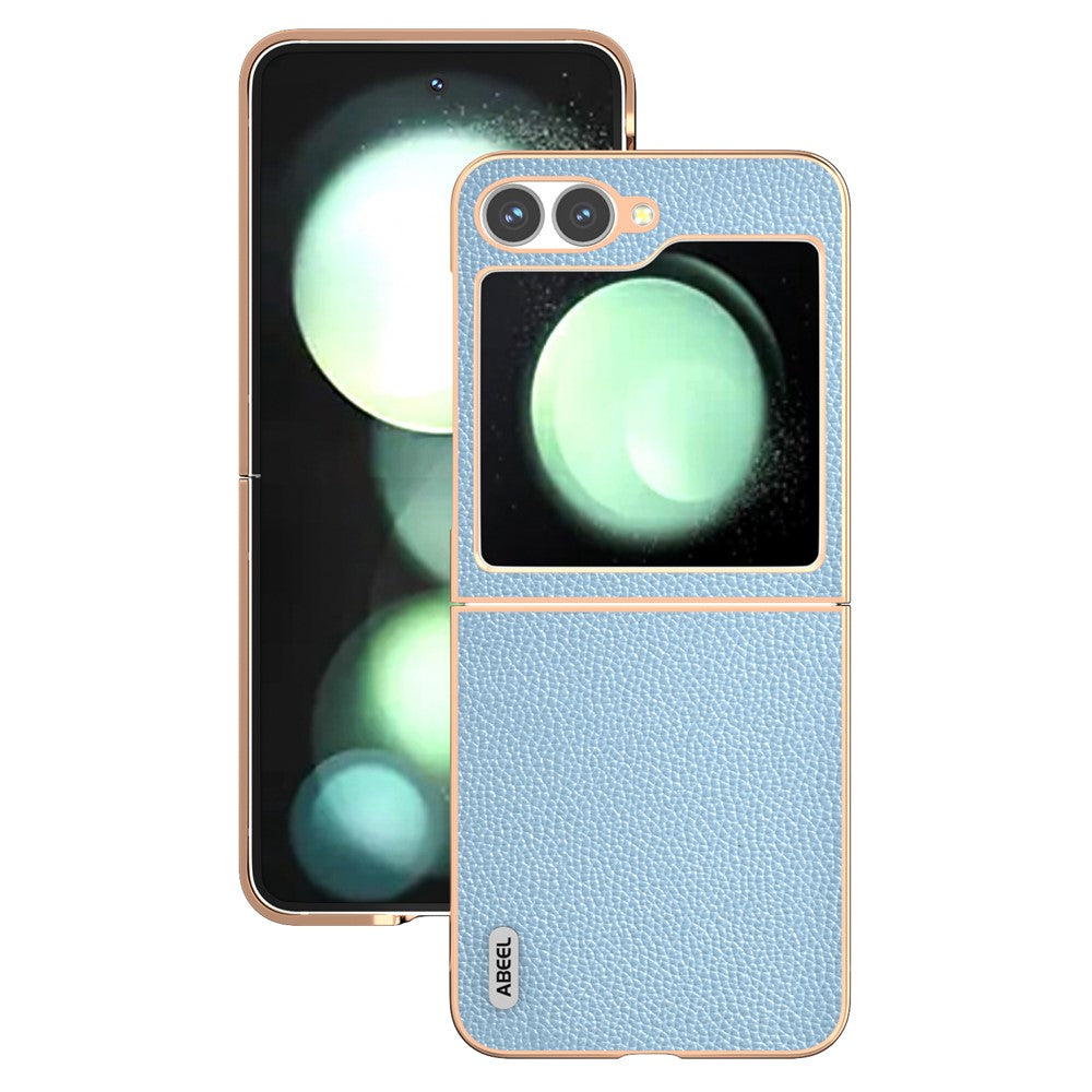ABEEL For Samsung Galaxy Z Flip7 FE 5G / Z Flip6 5G Case Genuine Cow Leather+PC+TPU Electroplating Phone Cover - Baby Blue